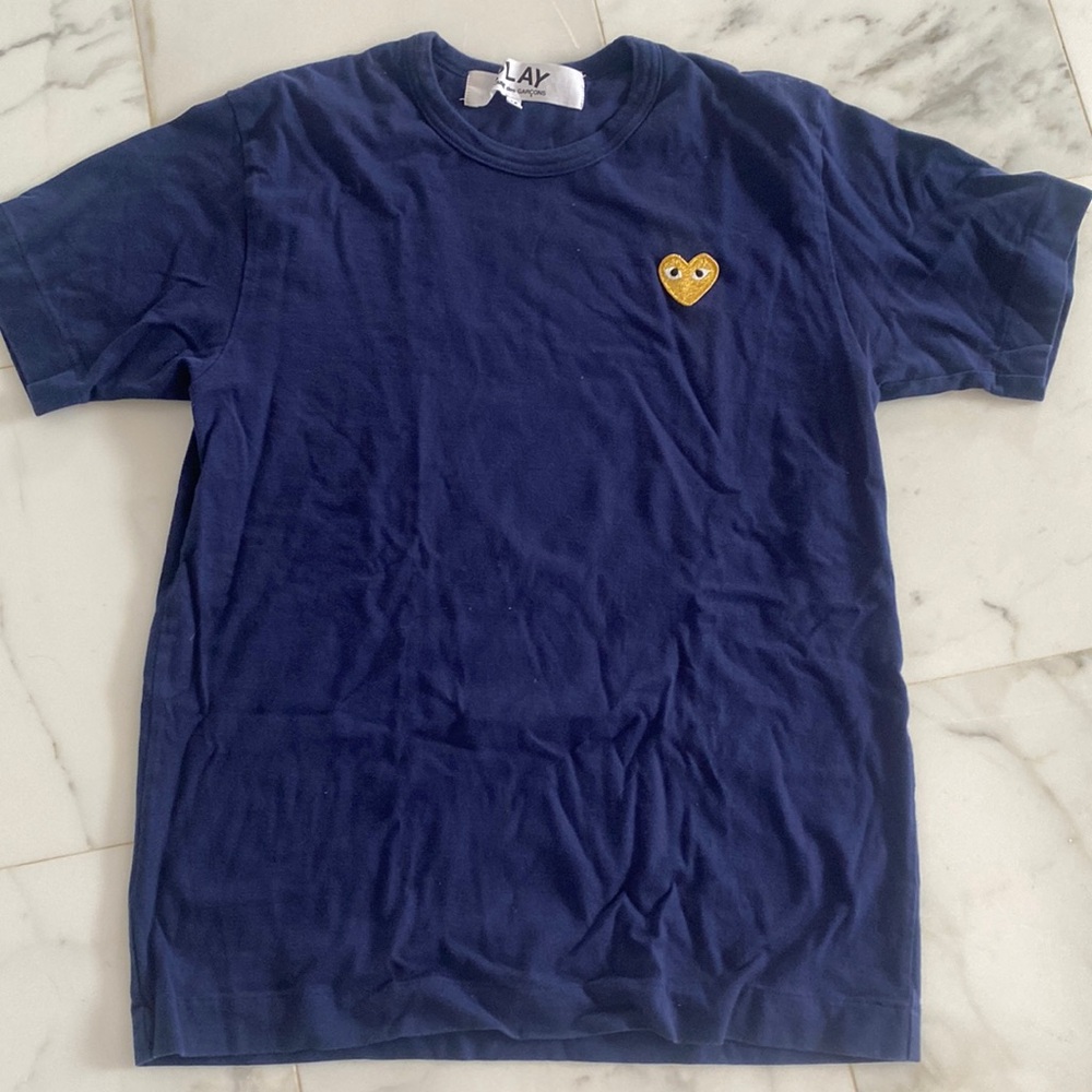 Mens Comme des Garcons navy t shirt with yellow heart.